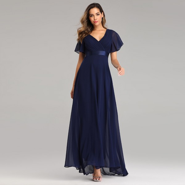 23 Spring/Summer Handmade Folded Big Swing Double V-Neck Flare Sleeve Dress Elastic Chiffon Banquet Bridesmaid Large Evening Dress