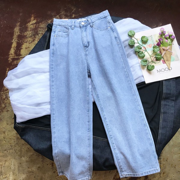 Spring New High Waist Straight Leg Jeans Korean Version Loose Draping Versatile Slim Crop Pants Female Student Straight Leg Pants