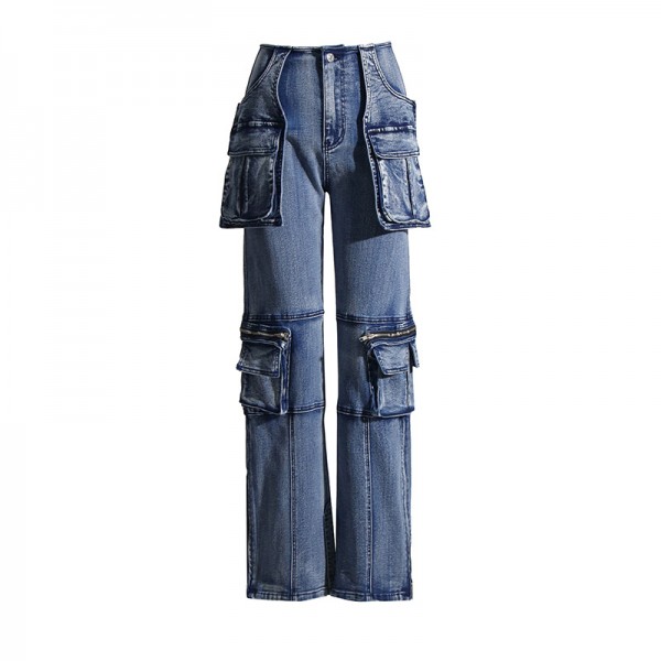 Fashionable And Casual Women's Jeans, Autumn 2023 New Design Sense, Large Pockets, Straight Sleeves, And Slim Denim Pants