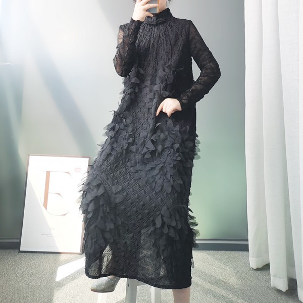 Lingying Pleated L073 Sanyi House One Dress Mid Length 2023 Autumn Ladies Embroidered High Neck A-Line Skirt