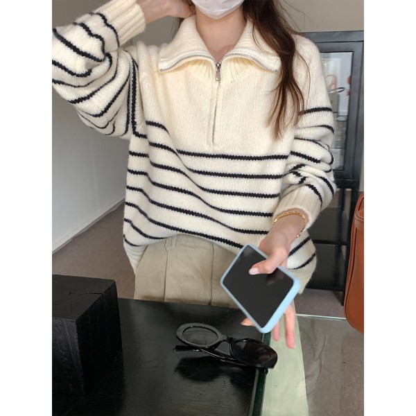 Lazy Style Half Zipper Design Striped Sweater For Women In Autumn And Winter, New Versatile Outerwear, Long Sleeved Soft Glutinous Wool Sweater