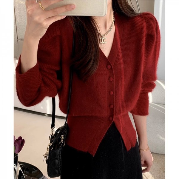 Benmingnian Red V-Neck Sweater Coat Women's Autumn And Winter Advanced Feel Bubble Sleeves Wrapped Waist Soft Glutinous Knitted Cardigan Top