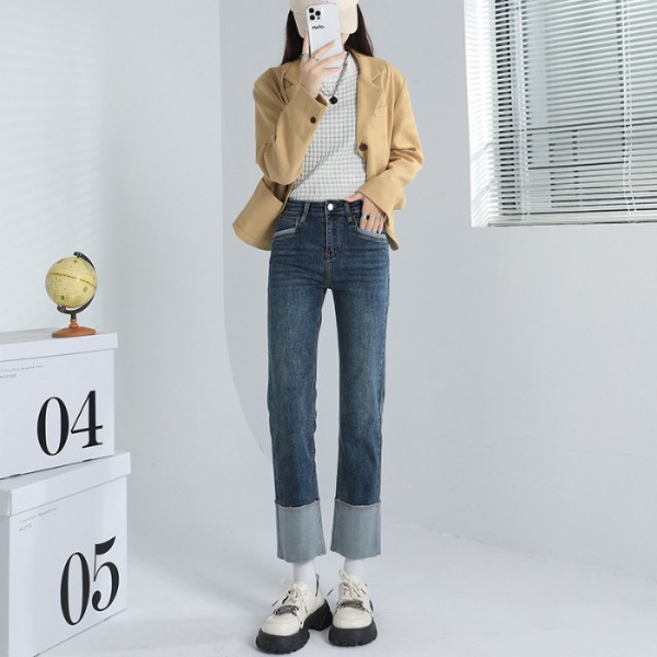 2616 Black Curled Straight Barrel Jeans For Women With High Waist In Autumn New Slim Nine Point Smoke Pipe Pants Trendy Winter