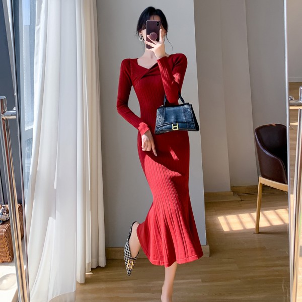 2023 Autumn/Winter Korean Version Slim Fit Mid Length Over Knee Woolen Dress With Bottom And Fish Tail Knit Dress For Women