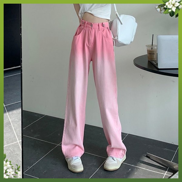 Pink Wide Leg Pants, Gradient Washed Jeans, Women's Autumn Loose And Adjustable Design, With A Sense Of Sag And Wide Leg Length.