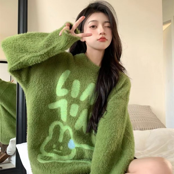 New Korean Version Round Neck Soft Glutinous Cartoon Rabbit Sweater Women's Knit Autumn And Winter Loose Pullover Top Imitation Mink