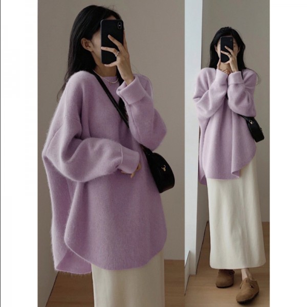 Korean Version Gentle And Lazy Autumn And Winter New Niche Design Knit Shirt Solid Color Top Medium Length Pullover Sweater For Women