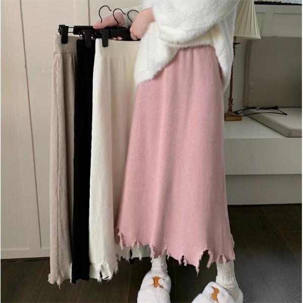 Knitted Half Length Skirt For Autumn And Winter, New High Waisted Slim Fringed Hem, Raw Edge, Straight Tube, One Step Skirt, Buttocks Wrapped, Mid Tube Skirt