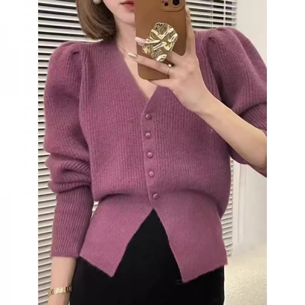 Benmingnian Red V-Neck Sweater Coat Women's Autumn And Winter Advanced Feel Bubble Sleeves Wrapped Waist Soft Glutinous Knitted Cardigan Top