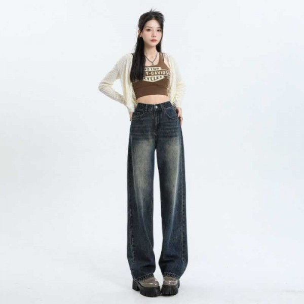 Baoyou Early Autumn High Waist Summer Straight Tube Jeans Women's High Waist Women's Pants Narrow Version Thin Wide Leg Pants Black Grey