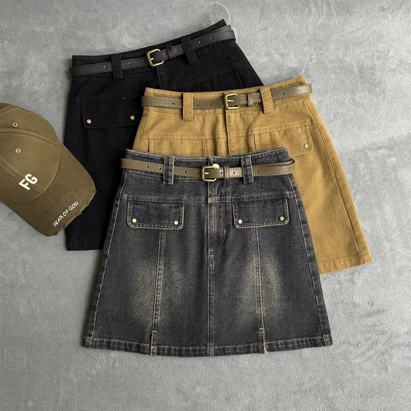 Thirteen Elements Sweet Cool Spicy Girl Vintage Denim Short Skirt 2023 Autumn New INS Fashion Korean Half Skirt 19130