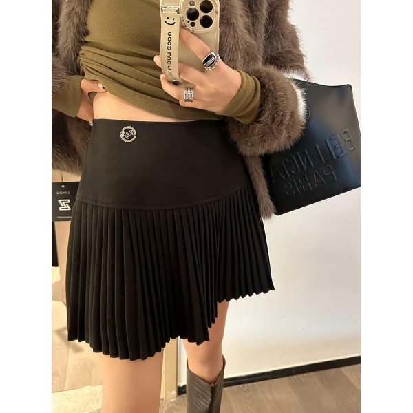 H0969 Spicy Girls Pure Desire Style Half Body Skirt Made Of Fabric High Waist A-Line Sexy Short Skirt Autumn And Winter Woolen Pleated Skirt Women's Fine Pleated