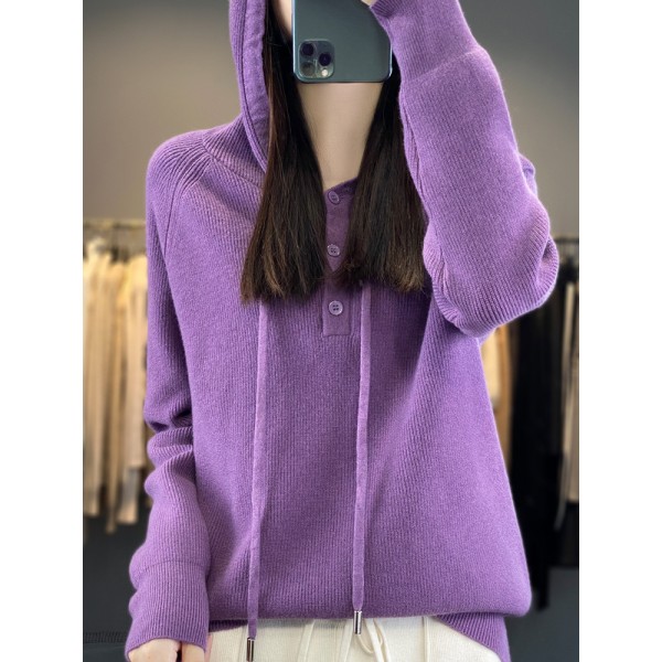 New 2023 Autumn Korean Edition Simple Three Button Hooded Knitted Sweater Sweater Loose Versatile Knitted Sweater