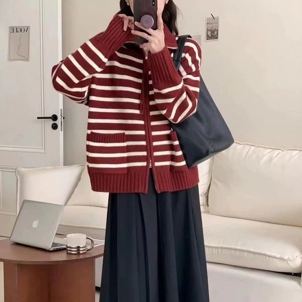 Stand Up Collar Design, Striped Contrast Color Zipper, Long Sleeved Knitted Cardigan For Women In Autumn And Winter, Loose And Lazy Style, Sweater Jacket Trend