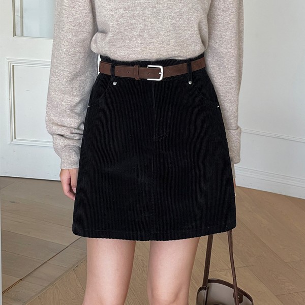 Les A-Line Short Skirt For Women, Small And Slim Corduroy Short Skirt With High Waist Design, Autumn Half Skirt For Women, Free Belt