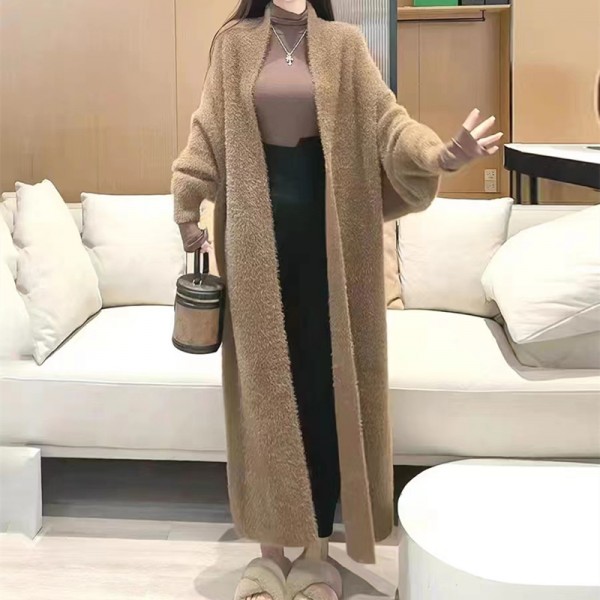 Autumn And Winter Over Knee Imitation Mink Fleece Knitted Cardigan Women's Korean Version Loose Mid Length Slouchy Soft Glutinous Sweater Coat Women