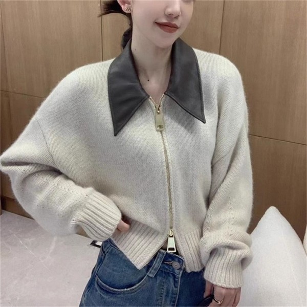 Autumn And Winter Maillard Sweaters Fashion And High Grade POLO Neck Knitted Cardigan Double End Zipper Lazy Style Coat Women's Thick