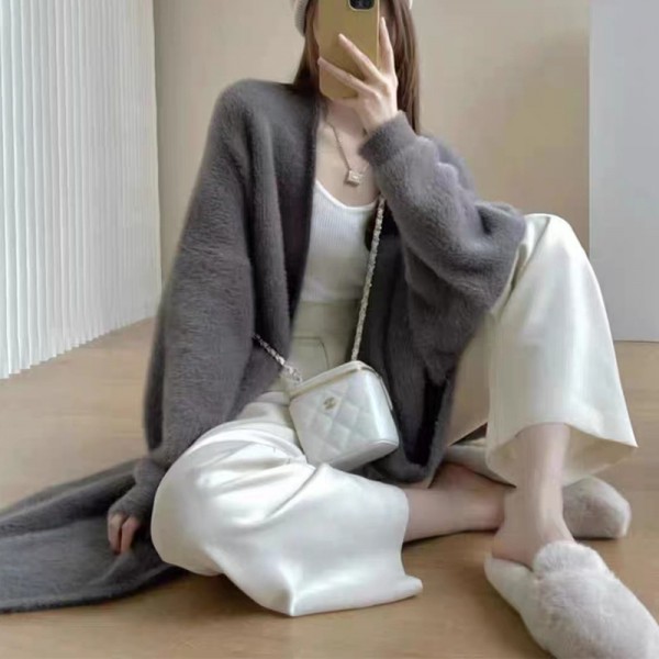 Autumn And Winter Over Knee Imitation Mink Fleece Knitted Cardigan Women's Korean Version Loose Mid Length Slouchy Soft Glutinous Sweater Coat Women