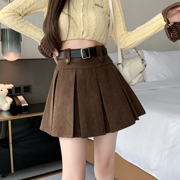 2023 Winter New High Waist Slim Retro Corduroy Design Feels Small And Popular Woolen Pleated A-Line Half Length Short Skirt Trend