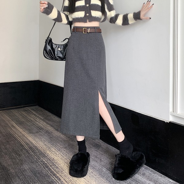 Woolen Half Length Skirt For Women In Autumn And Winter, High Waisted And Slim, Medium Length Split A-Line Skirt, Over Knee And Buttocks Skirt, Thickened One Step Skirt