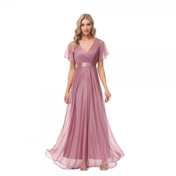 23 Spring/Summer Handmade Folded Big Swing Double V-Neck Flare Sleeve Dress Elastic Chiffon Banquet Bridesmaid Large Evening Dress