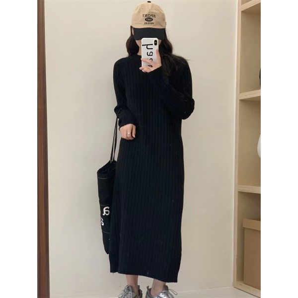 Korean Soft Glutinous Round Neck Pit Striped Knitted Dress For Women's Autumn And Winter New Slim Over Knee Clear Color Bottom Skirt With Coat