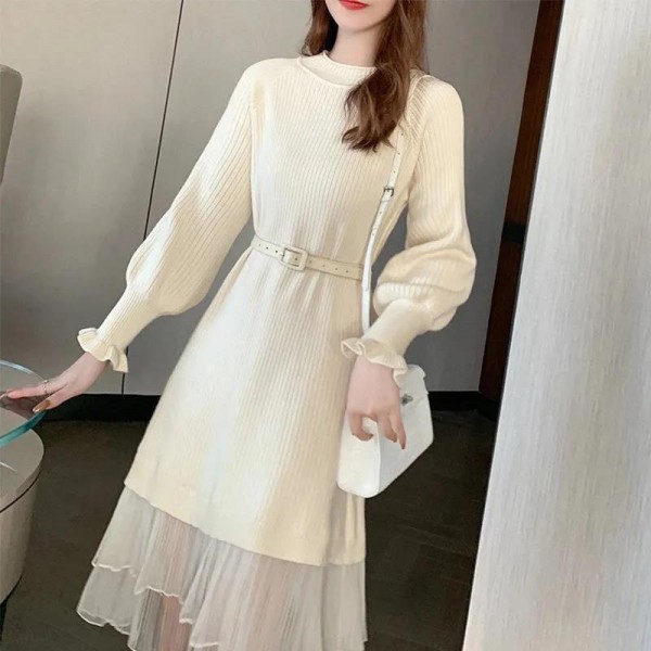 New Knitted Dress For Women's Autumn And Winter Mid Length Mesh Waist Wrap Show Thin Temperament Half High Collar Underlay Woolen Dress