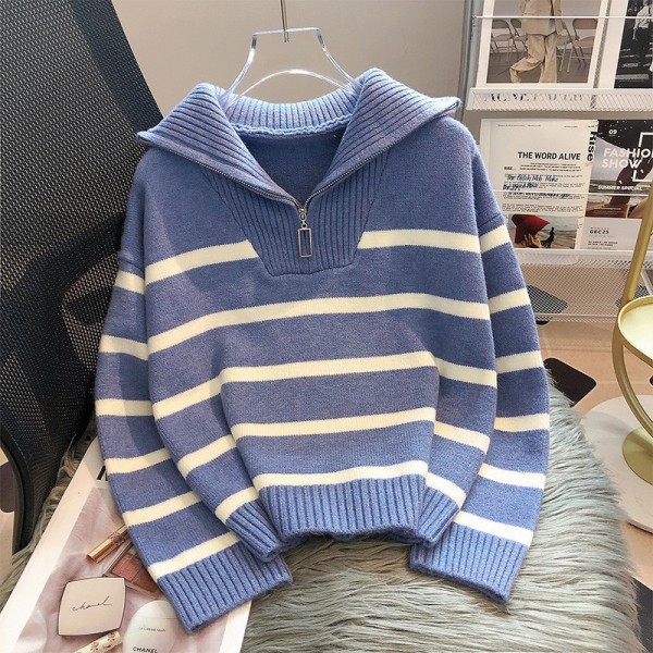 High Collar Contrast Casual Sweater Women's Coat 2023 Autumn/Winter New Korean Loose Fashion Zipper Stripe Knit