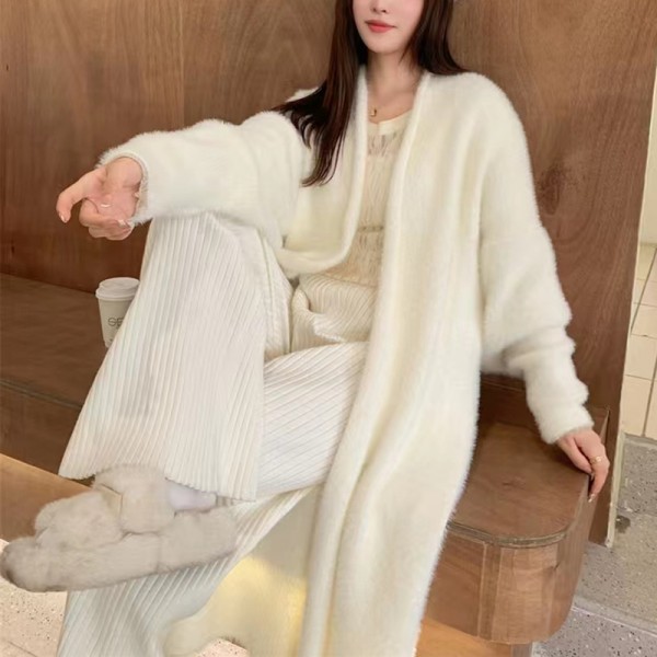 Autumn And Winter Over Knee Imitation Mink Fleece Knitted Cardigan Women's Korean Version Loose Mid Length Slouchy Soft Glutinous Sweater Coat Women