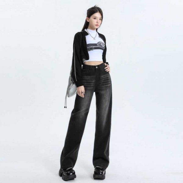 Baoyou Early Autumn High Waist Summer Straight Tube Jeans Women's High Waist Women's Pants Narrow Version Thin Wide Leg Pants Black Grey