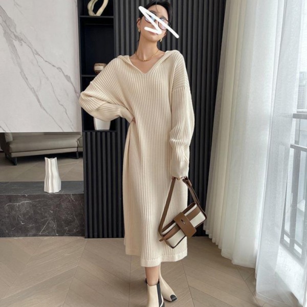 Korean Lazy Style Hooded Knitted Dress Women's Autumn/Winter 2023 Mid Length Over Knee Fashion Casual Sweater Long Dress