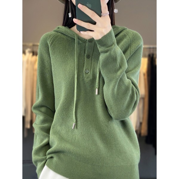 New 2023 Autumn Korean Edition Simple Three Button Hooded Knitted Sweater Sweater Loose Versatile Knitted Sweater