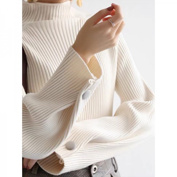 French Loose Half High Neck Sweater Women's Autumn And Winter New Style Temperament Light Mature Standing Neck Knitted Shirt Silk Cotton Bottom Top