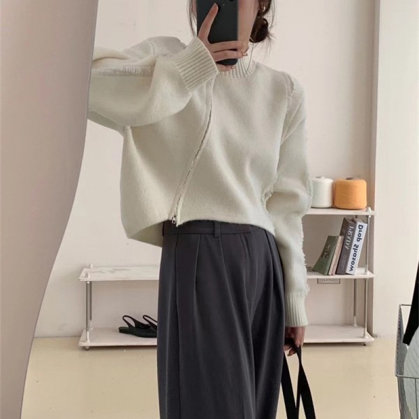 2023 Autumn And Winter New Pullover Sweater Women's Cardigan Solid Color Zipper Casual Loose And Unique Lazy Knit