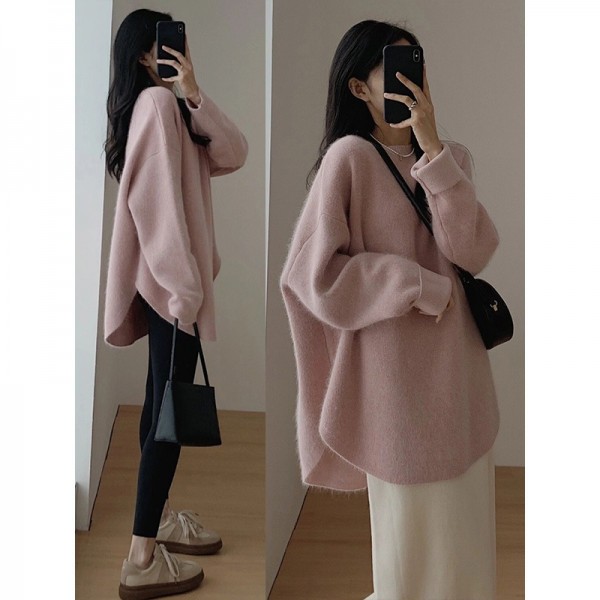 Korean Version Gentle And Lazy Autumn And Winter New Niche Design Knit Shirt Solid Color Top Medium Length Pullover Sweater For Women