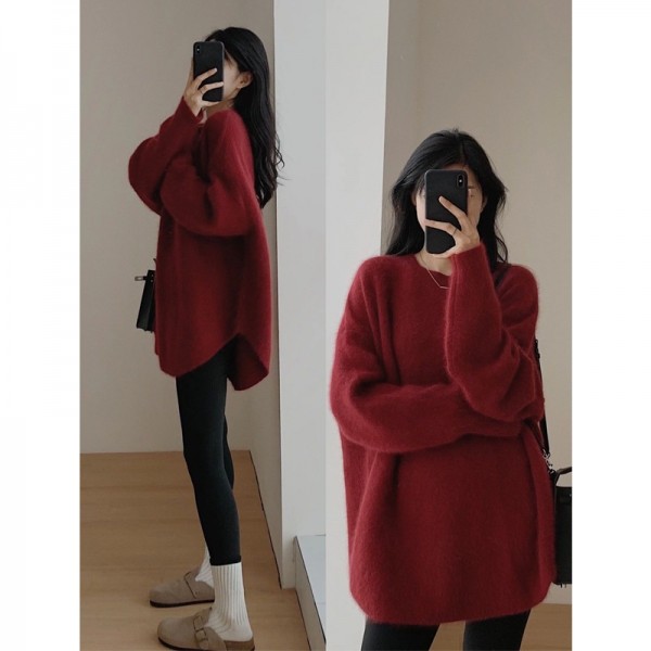 Korean Version Gentle And Lazy Autumn And Winter New Niche Design Knit Shirt Solid Color Top Medium Length Pullover Sweater For Women