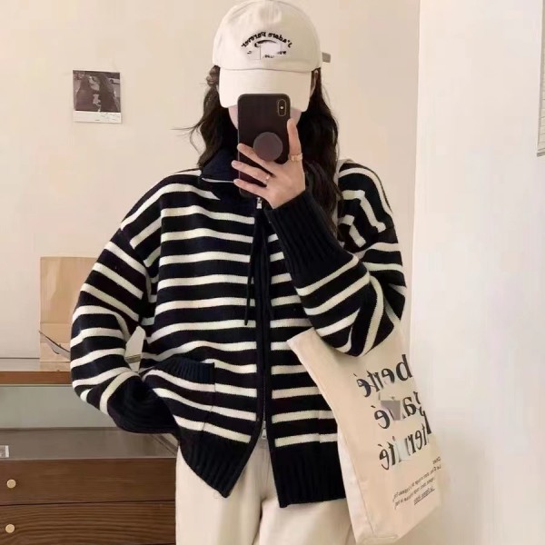 Stand Up Collar Design, Striped Contrast Color Zipper, Long Sleeved Knitted Cardigan For Women In Autumn And Winter, Loose And Lazy Style, Sweater Jacket Trend