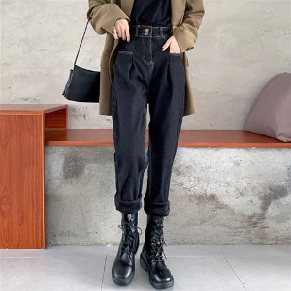 Velvet And Thickened Warm Winter Harlan Jeans Women's Loose Size Fat MM High Waist Slim Nine Split Wide Leg Pants Autumn