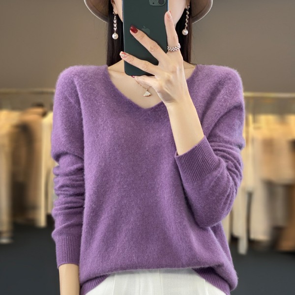 One Line Ready-To-Wear Pure Wool Sweater 2023 Autumn/Winter Women's V-Neck Loose Short Solid Color Cashmere Bottom Sweater Knitted Sweater