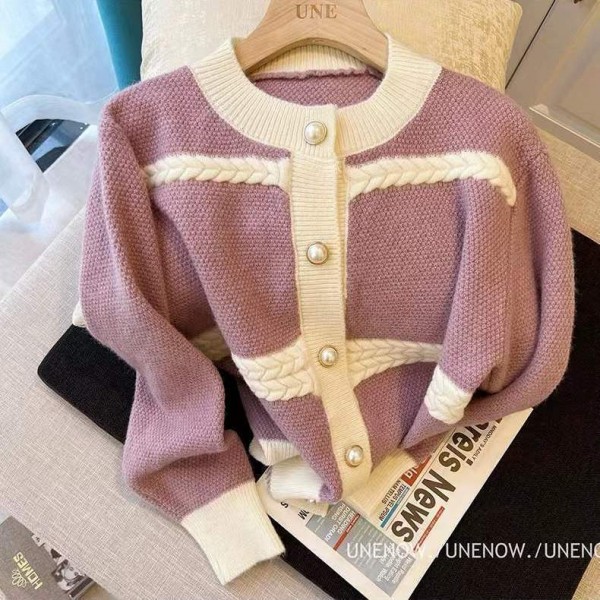 2023 Fashion Small Fragrant Wind Fragrant Taro Color Sweater Cardigan Women's Autumn New Design Sense Small Group Heart Machine Knitwear