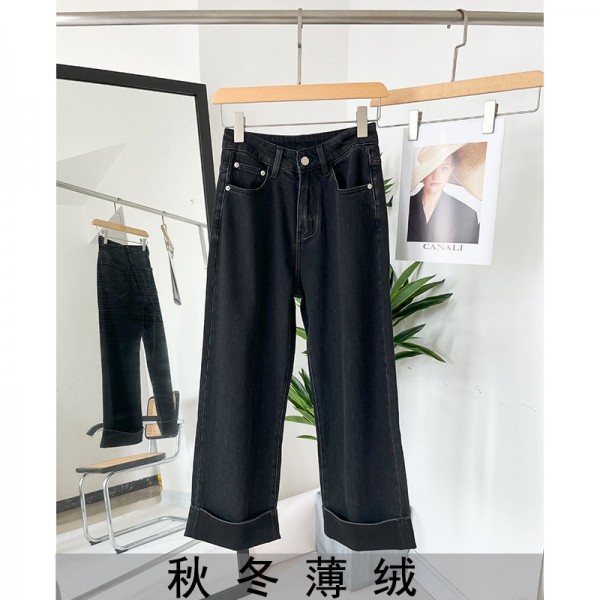 Pear Shaped Lifestyle Pants 23AW New Vintage Wash Curled Edge Fold Over Trouser Feet Straight Leg Wide Leg Loose Cropped Jeans For Women