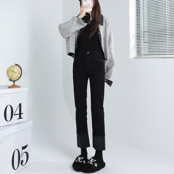 2616 Black Curled Straight Barrel Jeans For Women With High Waist In Autumn New Slim Nine Point Smoke Pipe Pants Trendy Winter