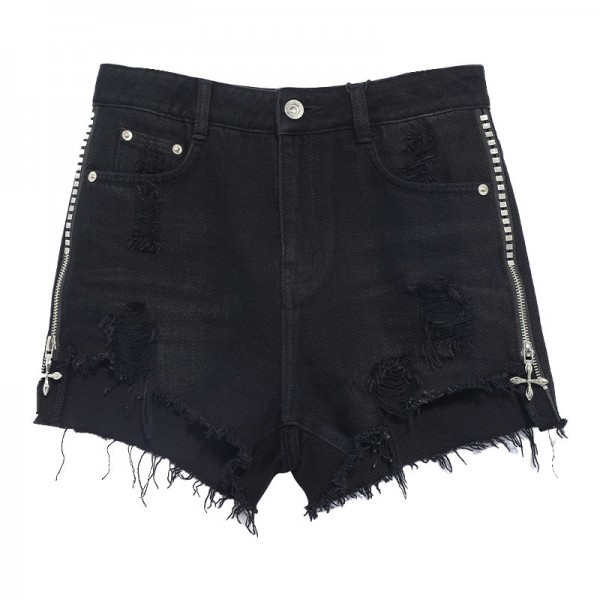 Tuogu Trendy Brand Black Perforated Denim Shorts Women's High Waist Versatile 2023 New Design Sense Zipper Ragged Shorts