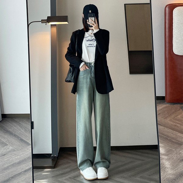 Straight Denim Women's Long Pants 2023 Spring And Autumn Season High Waisted Loose Fitting Slim Retro Small Skinny Wide Leg Pants