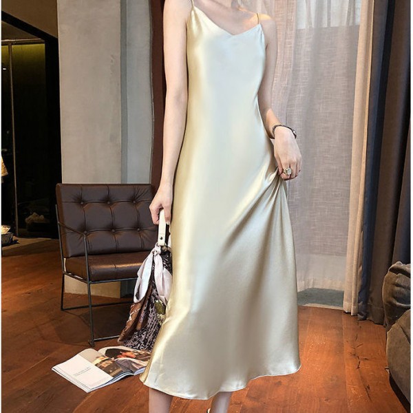 Sexy A-Line Skirt Women's Long Summer Dress New Korean Version Sling Dress Pajama Dress Solid Color Over Knee Long Dress