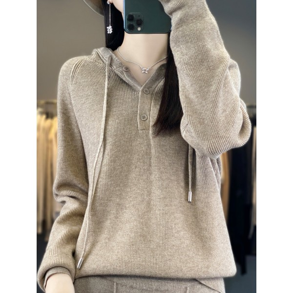 New 2023 Autumn Korean Edition Simple Three Button Hooded Knitted Sweater Sweater Loose Versatile Knitted Sweater