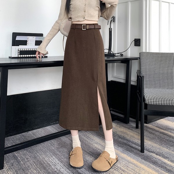 Woolen Half Length Skirt For Women In Autumn And Winter, High Waisted And Slim, Medium Length Split A-Line Skirt, Over Knee And Buttocks Skirt, Thickened One Step Skirt