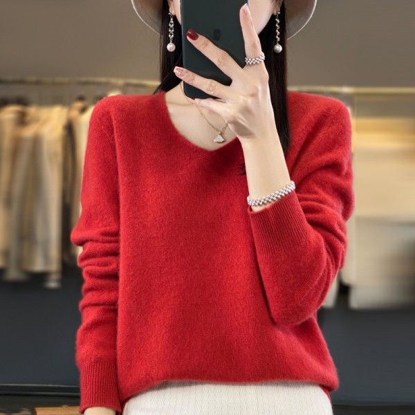 One Line Ready-To-Wear Pure Wool Sweater 2023 Autumn/Winter Women's V-Neck Loose Short Solid Color Cashmere Bottom Sweater Knitted Sweater