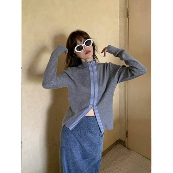 UNITY MODE Maillard Vintage Zipper Sweater Women's Autumn/Winter Grey Casual Knitted Cardigan Top Small Crowd