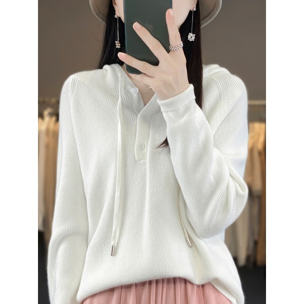 New 2023 Autumn Korean Edition Simple Three Button Hooded Knitted Sweater Sweater Loose Versatile Knitted Sweater